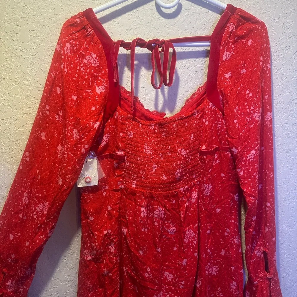Free People NWT Tess Mini Red Floral Long Sleeve Dress Size Medium - Picture 8 of 9